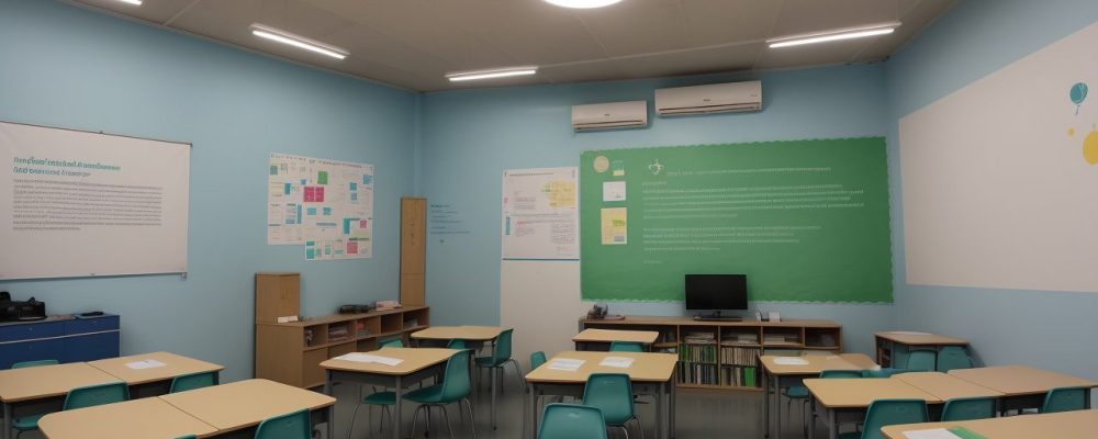 Educadores e alunos colaborando em sala de aula moderna com foco em educação inclusiva