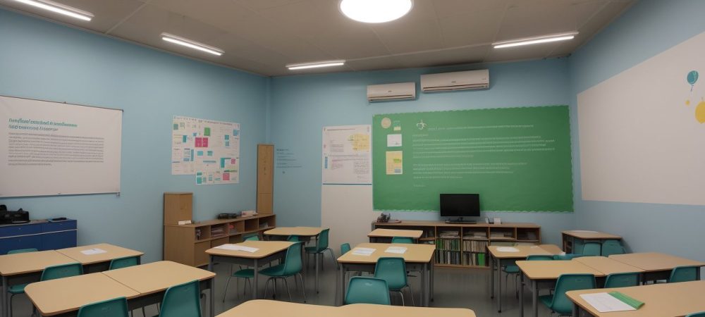 Educadores e alunos colaborando em sala de aula moderna com foco em educação inclusiva