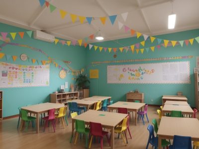 Crianças e professor em sala de aula com atividades práticas de psicopedagogia, promovendo inclusão e superando dificuldades de aprendizagem