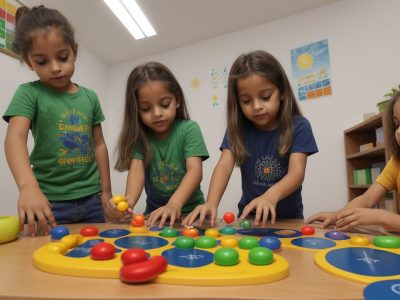 Ambiente escolar ilustrando os quatro pilares da educação infantil com crianças em atividades sociais, emocionais, cognitivas e físicas