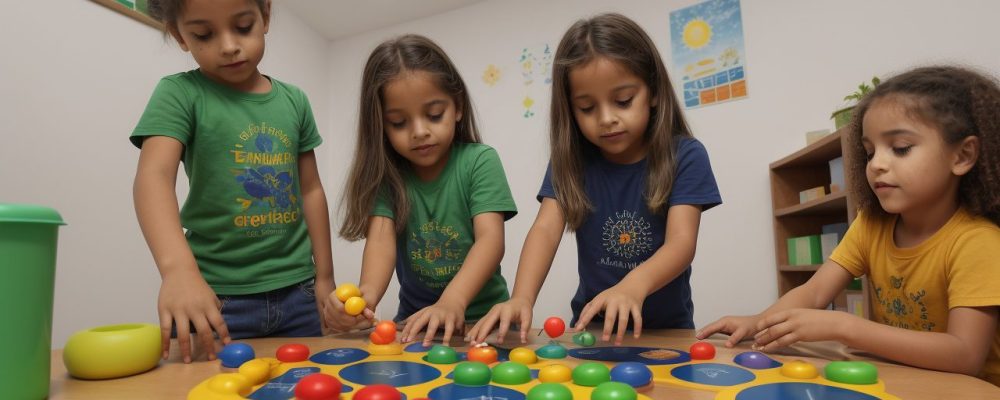 Ambiente escolar ilustrando os quatro pilares da educação infantil com crianças em atividades sociais, emocionais, cognitivas e físicas