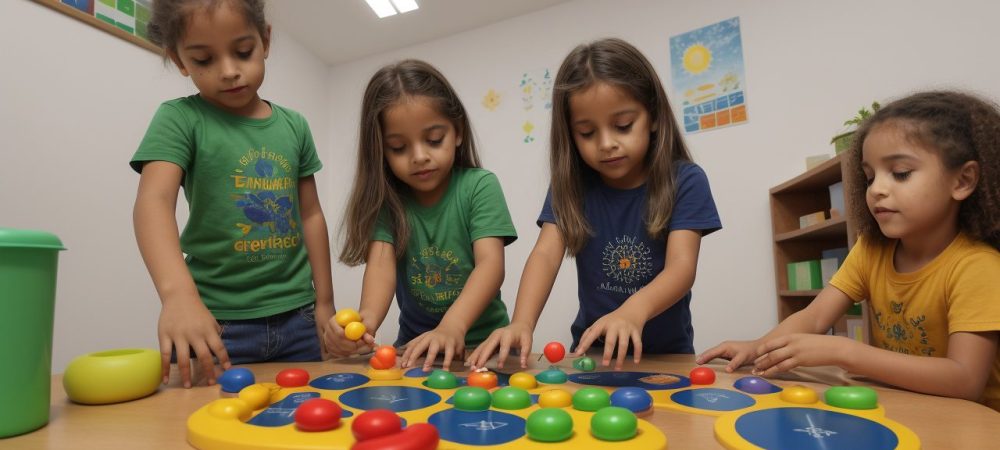 Ambiente escolar ilustrando os quatro pilares da educação infantil com crianças em atividades sociais, emocionais, cognitivas e físicas
