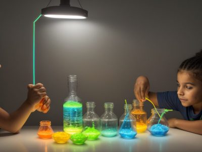 Alunos realizando experimentos de química em sala de aula, com foco em química aplicada e aprendizado prático.