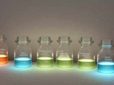 Ilustração de um laboratório de química orgânica, com modelos de compostos orgânicos e grupos funcionais sendo analisados por estudantes