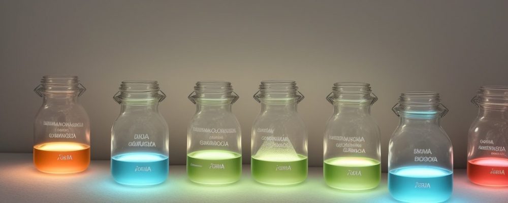 Ilustração de um laboratório de química orgânica, com modelos de compostos orgânicos e grupos funcionais sendo analisados por estudantes