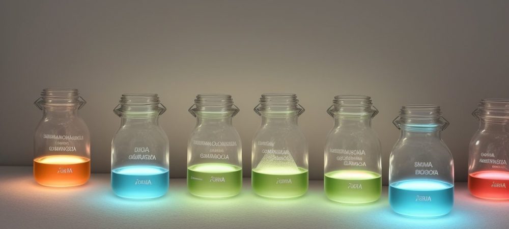 Ilustração de um laboratório de química orgânica, com modelos de compostos orgânicos e grupos funcionais sendo analisados por estudantes