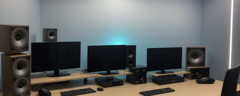 Um estúdio de rádio moderno com microfones e fones, representando o radiojornalismo e suas ferramentas essenciais.