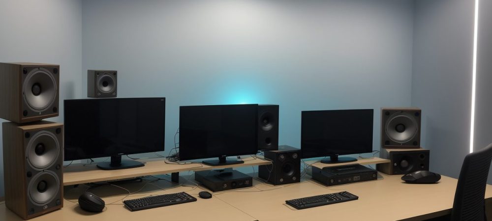 Um estúdio de rádio moderno com microfones e fones, representando o radiojornalismo e suas ferramentas essenciais.