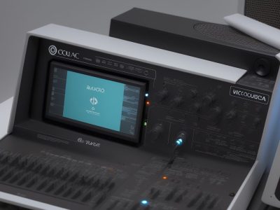 Imagem de um microfone profissional em frente a um fundo com elementos que representam o radiojornalismo e a criação de podcasts, simbolizando a produção de conteúdo.