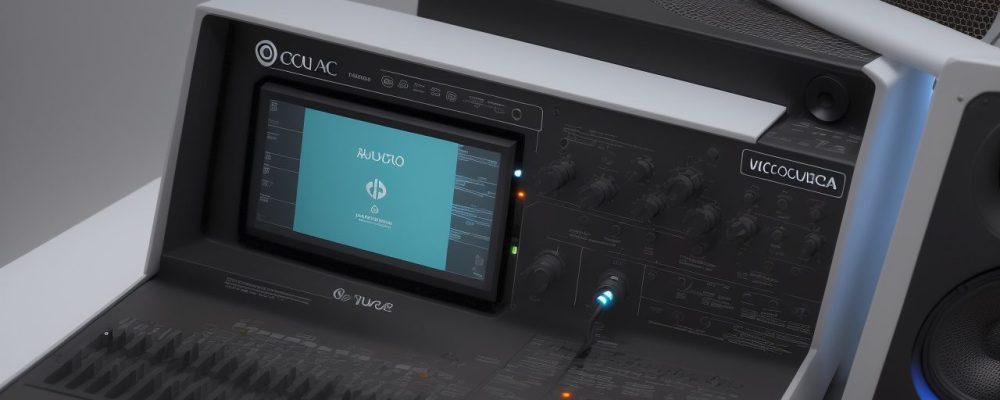 Imagem de um microfone profissional em frente a um fundo com elementos que representam o radiojornalismo e a criação de podcasts, simbolizando a produção de conteúdo.