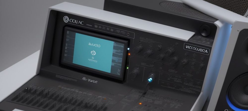 Imagem de um microfone profissional em frente a um fundo com elementos que representam o radiojornalismo e a criação de podcasts, simbolizando a produção de conteúdo.