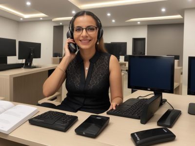 Uma recepcionista sorrindo, atendendo a um cliente em um ambiente de escritório moderno, com foco em atendimento e comunicação.