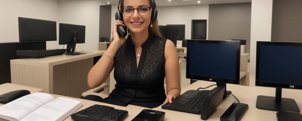 Uma recepcionista sorrindo, atendendo a um cliente em um ambiente de escritório moderno, com foco em atendimento e comunicação.