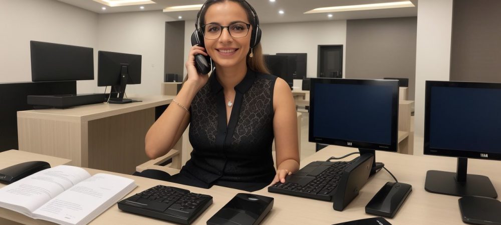 Uma recepcionista sorrindo, atendendo a um cliente em um ambiente de escritório moderno, com foco em atendimento e comunicação.