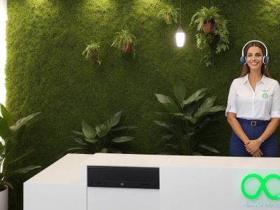 Ilustração de uma recepcionista sorrindo, em um ambiente de trabalho moderno e acolhedor, representando habilidades e atendimento ao cliente.