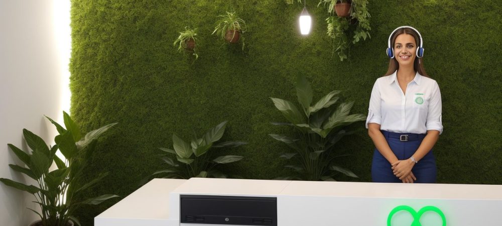 Ilustração de uma recepcionista sorrindo, em um ambiente de trabalho moderno e acolhedor, representando habilidades e atendimento ao cliente.