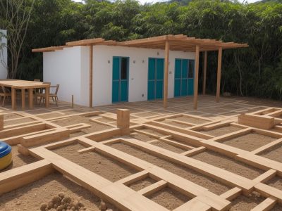 Imagem que ilustra o processo de reciclagem de resíduos na construção civil, mostrando materiais sendo reaproveitados e um canteiro de obras sustentável.