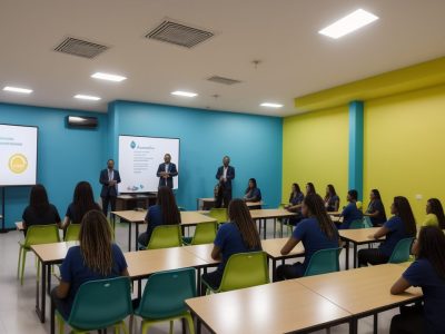 Ambiente educacional colaborativo onde alunos discutem dificuldades de aprendizagem