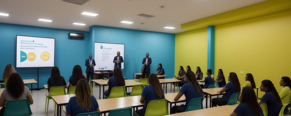 Ambiente educacional colaborativo onde alunos discutem dificuldades de aprendizagem