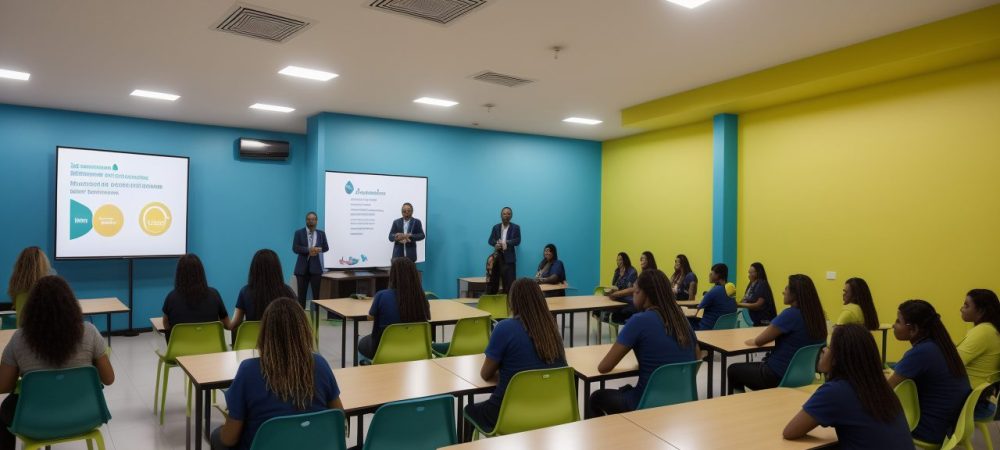 Ambiente educacional colaborativo onde alunos discutem dificuldades de aprendizagem