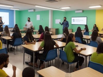 Alunos interagindo em sala de aula, utilizando redes sociais para atividades de aprendizado colaborativo e engajamento, com foco nos benefícios da educação nas redes sociais.