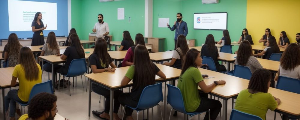 Alunos interagindo em sala de aula, utilizando redes sociais para atividades de aprendizado colaborativo e engajamento, com foco nos benefícios da educação nas redes sociais.