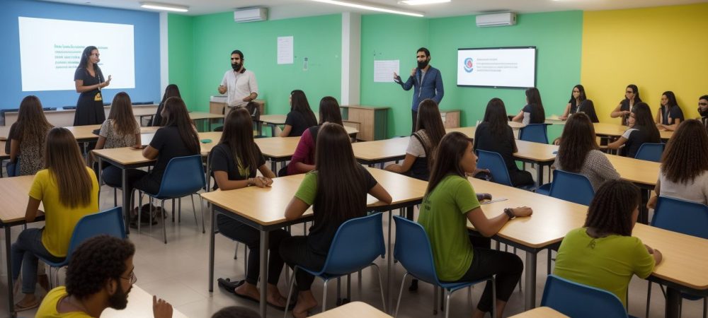 Alunos interagindo em sala de aula, utilizando redes sociais para atividades de aprendizado colaborativo e engajamento, com foco nos benefícios da educação nas redes sociais.