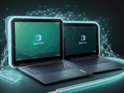 Ilustração de uma rede de computadores moderna conectando dispositivos e simbolizando eficiência e segurança para empresas.