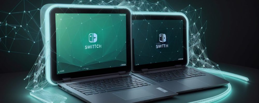 Ilustração de uma rede de computadores moderna conectando dispositivos e simbolizando eficiência e segurança para empresas.