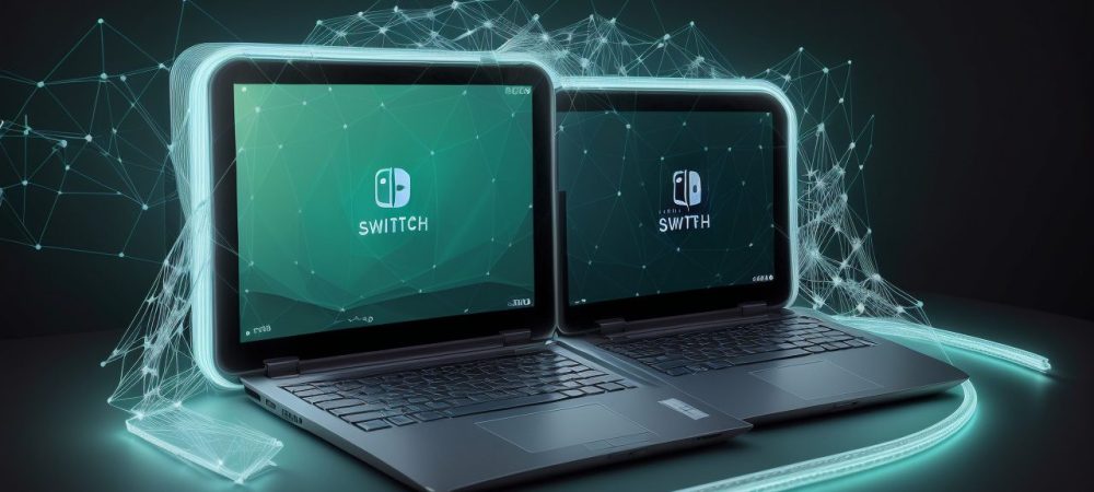 Ilustração de uma rede de computadores moderna conectando dispositivos e simbolizando eficiência e segurança para empresas.