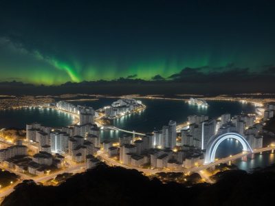 Ilustração de rede de computadores conectando dispositivos em um ambiente de escritório moderno, representando infraestrutura de rede eficiente para o setor público.