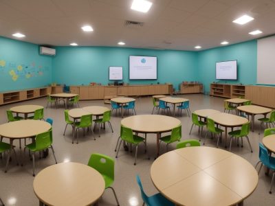 Crianças estudando em um ambiente de reforço escolar com materiais interativos e apoio individualizado.