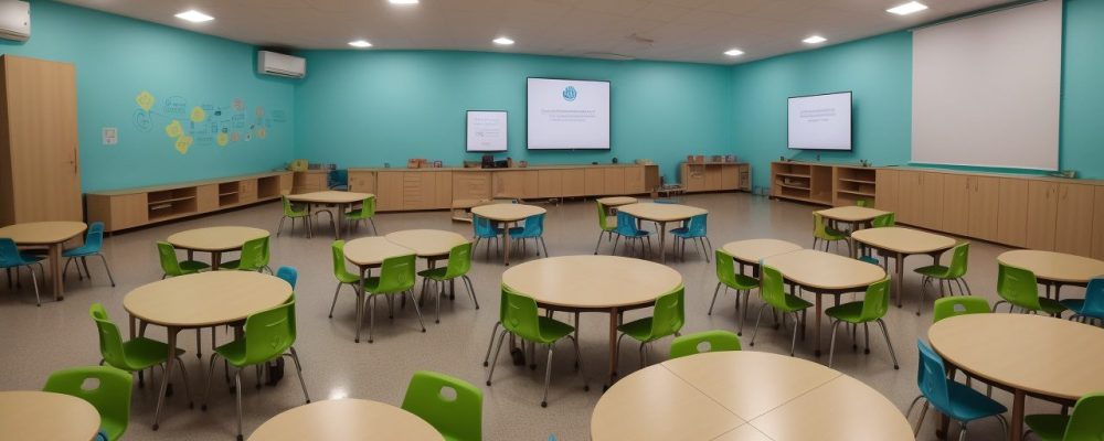 Crianças estudando em um ambiente de reforço escolar com materiais interativos e apoio individualizado.