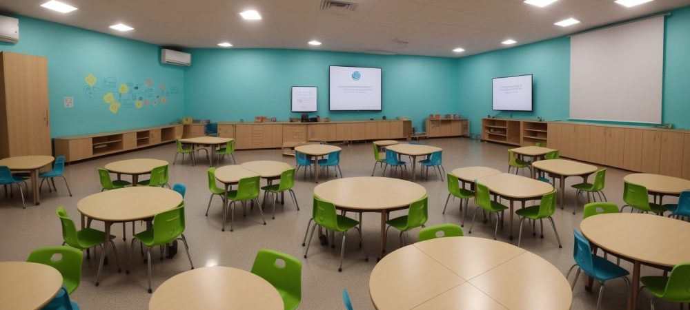 Crianças estudando em um ambiente de reforço escolar com materiais interativos e apoio individualizado.