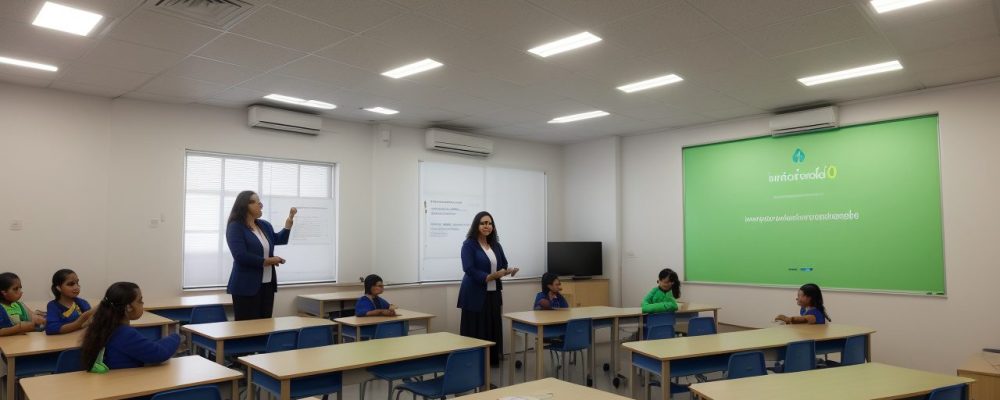 Professora explicando o novo acordo ortográfico em sala de aula, com exemplos visuais e estudantes atentos.