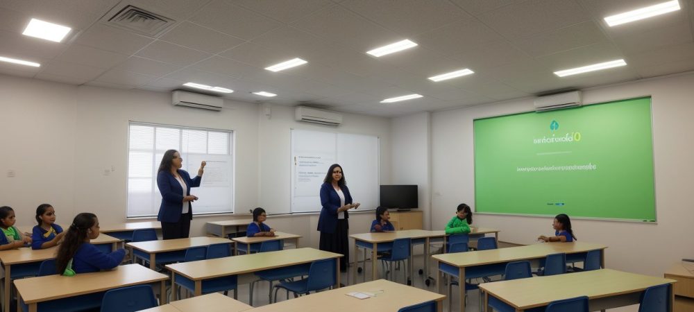 Professora explicando o novo acordo ortográfico em sala de aula, com exemplos visuais e estudantes atentos.