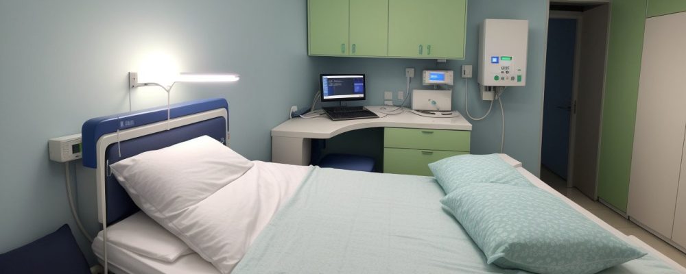 Enfermeira em ambiente hospitalar utilizando prontuário eletrônico para registro de informações sobre o paciente, enfatizando a importância do registro de enfermagem.