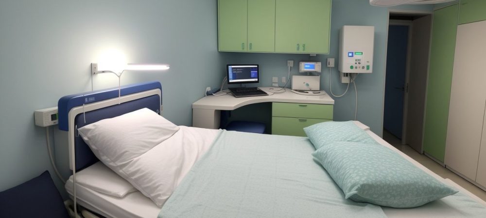 Enfermeira em ambiente hospitalar utilizando prontuário eletrônico para registro de informações sobre o paciente, enfatizando a importância do registro de enfermagem.