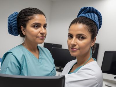 Profissional de enfermagem analisa prontuário, focando em comunicação e registro para otimizar o cuidado ao paciente.