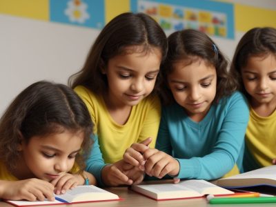 Professora e criança interagindo, com um relatório descritivo em primeiro plano, simbolizando a importância do relatório descritivo na educação infantil e o acompanhamento escolar.