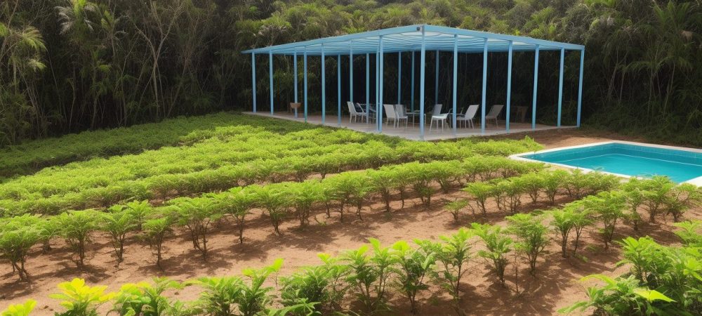 Cenário de reuso de água na agricultura, mostrando sistemas de irrigação e plantações saudáveis, representando a sustentabilidade e eficiência hídrica.