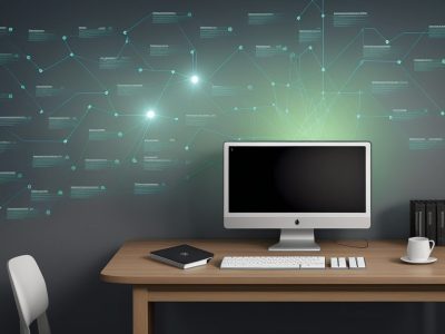 Uma pessoa focada revisando um texto em um computador, com ferramentas de revisão online e gráficos de melhoria de texto ao fundo.