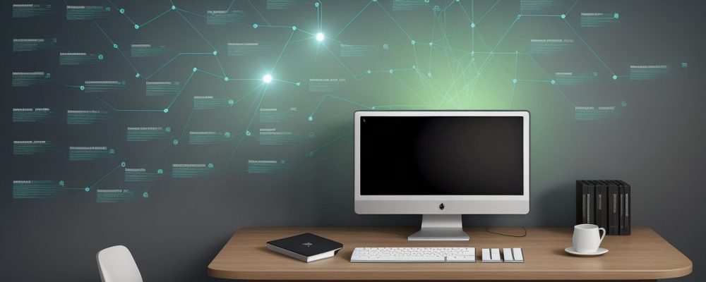 Uma pessoa focada revisando um texto em um computador, com ferramentas de revisão online e gráficos de melhoria de texto ao fundo.