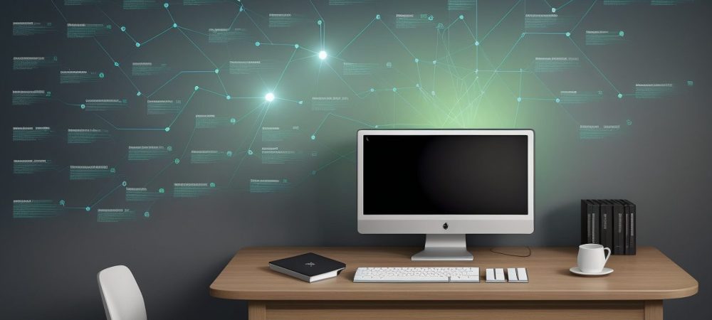 Uma pessoa focada revisando um texto em um computador, com ferramentas de revisão online e gráficos de melhoria de texto ao fundo.