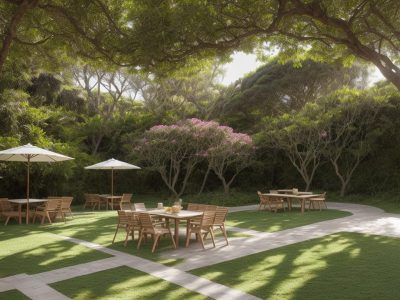 Um espaço público revitalizado, mostrando um projeto de paisagismo com plantas ornamentais e áreas de lazer, promovendo a interação e a qualidade de vida da comunidade.