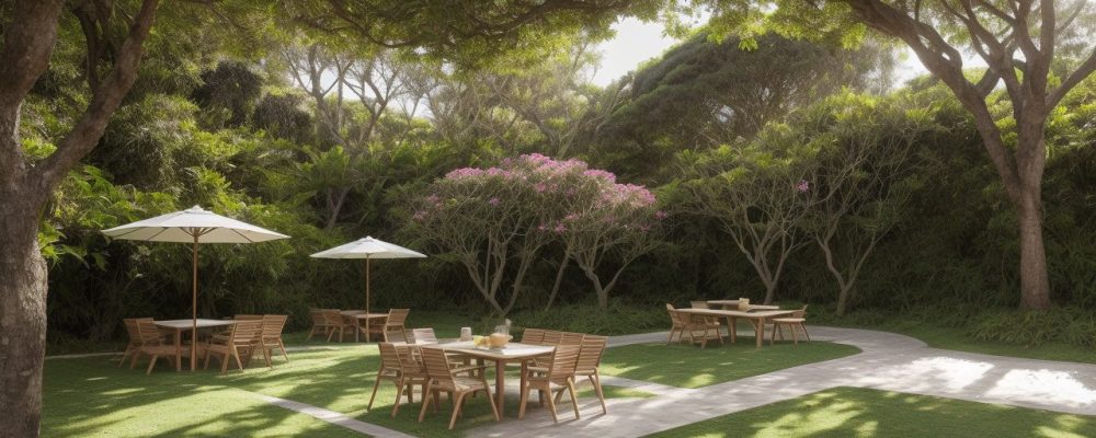 Um espaço público revitalizado, mostrando um projeto de paisagismo com plantas ornamentais e áreas de lazer, promovendo a interação e a qualidade de vida da comunidade.