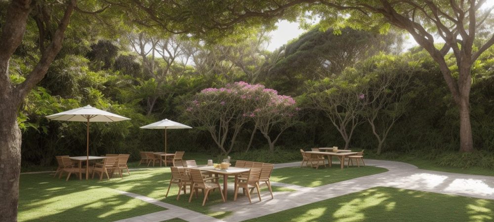 Revitalização de Espaços Públicos: Paisagismo e Transformação Um espaço público revitalizado, mostrando um projeto de paisagismo com plantas ornamentais e áreas de lazer, promovendo a interação e a qualidade de vida da comunidade.