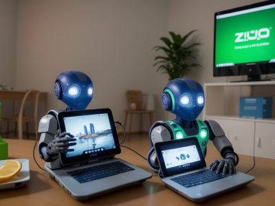 Ilustração de robôs educativos em sala de aula, com crianças interagindo e aprendendo programação em um curso de robótica.