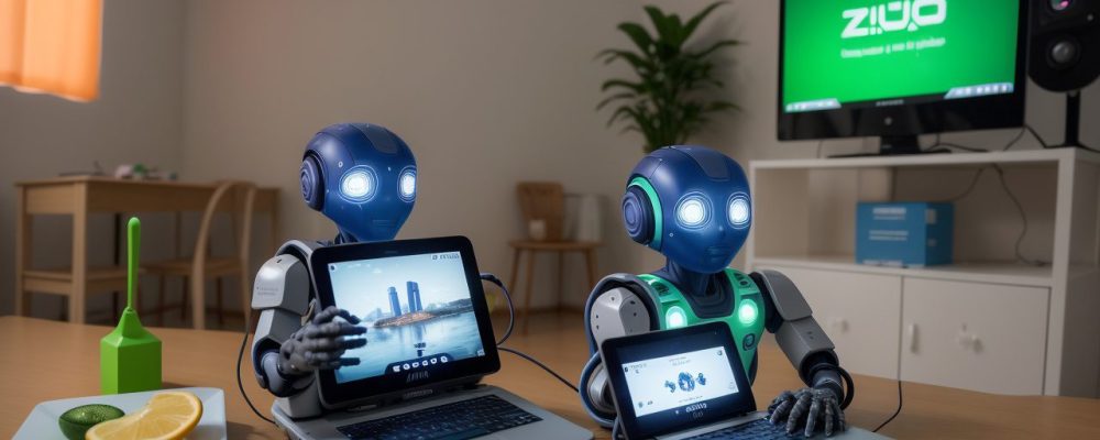 Ilustração de robôs educativos em sala de aula, com crianças interagindo e aprendendo programação em um curso de robótica.