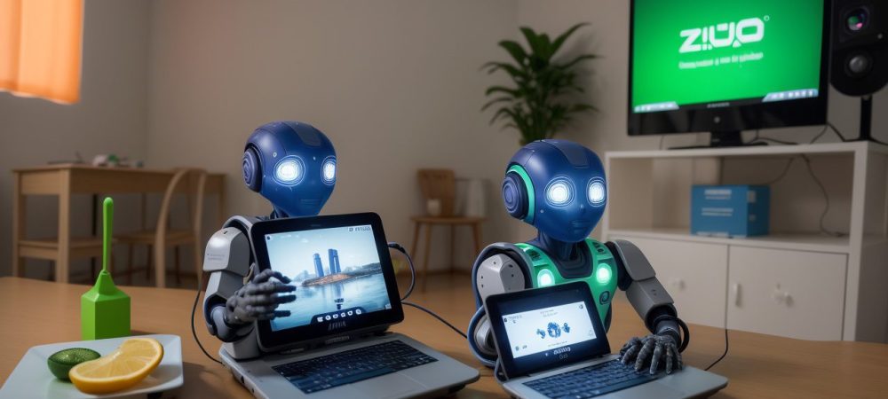 Robôs Educacionais em Ação: Curso de Robótica e Inovação Ilustração de robôs educativos em sala de aula, com crianças interagindo e aprendendo programação em um curso de robótica.